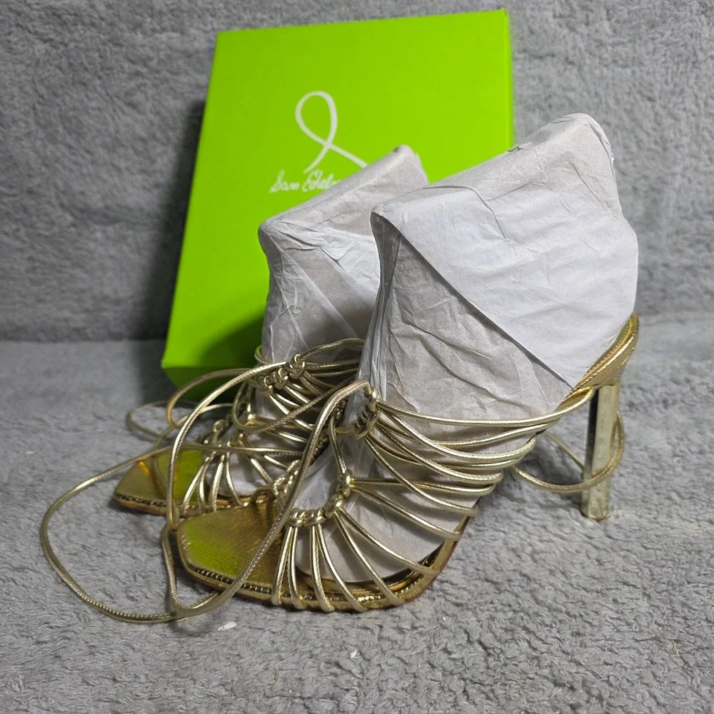 Sam Edelman Lylah Gold Metallic Strappy Lace‎ Up Stiletto Heels Sandals 10.5 NEW